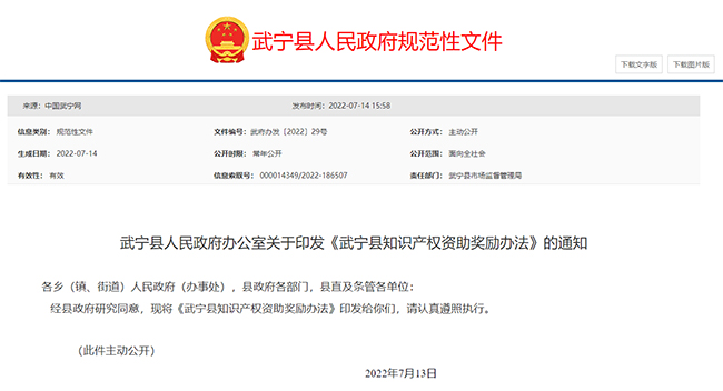 江西省九江市武寧縣關(guan) 於(yu) 知識產(chan) 權的政策通知
